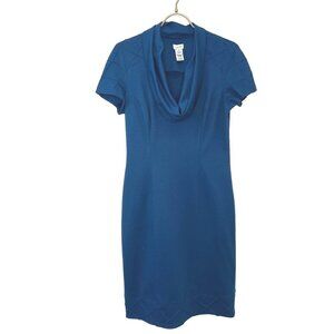 Cache Cowl Neck Sheath Dress Size 8 Ladies USA Made Blue Teal Color